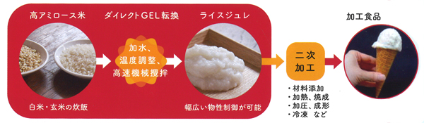 高アミロース米を米粒のままダイレクトGEL転換技術を用い米加工食品（ライスジュレ）を製造